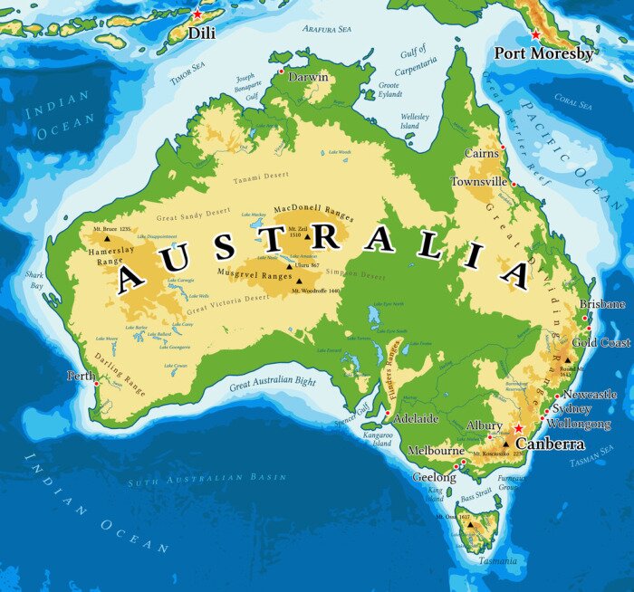 Poster Grafik Kontinente mit geografischer Übersichtskarte von Australien