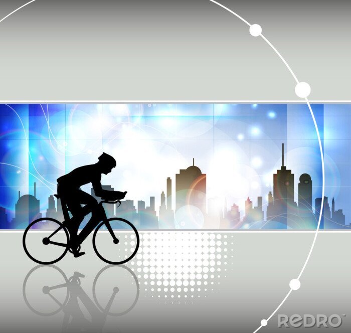 Poster Grafik mit dem Fahrrad und der Stadt im Hintergrund