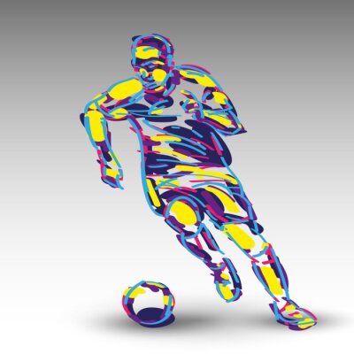 Poster Grafik mit der farbenfrohen Silhouette eines Fußballspielers auf grauem Hintergrund