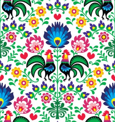 Poster Grafik mit einem Łowicz-Ornament mit Hähnen