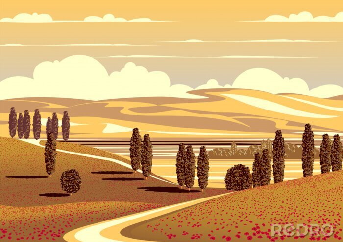 Poster Grafik mit Wiesen und Hügeln der Toskana
