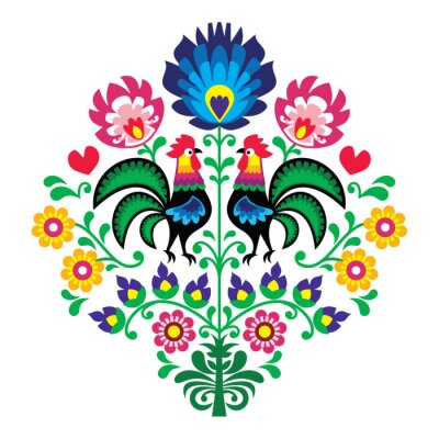 Poster Grafiken im volkstümlichen Stil mit Hähnen und Blumen