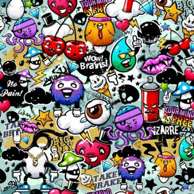 Poster Grafiken mit Bildern und Slogans im Graffiti-Stil