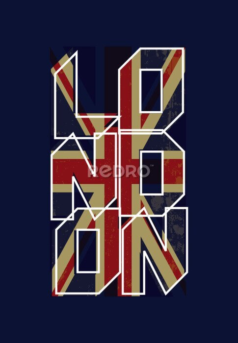 Poster Grafiken mit britischer Flagge und Londoner Typ auf einem dunkelblauen Hintergrund.  Etikett für T-Shirt.  CMYK-Farbmodus