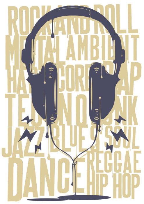 Poster Grafische Kopfhörer mit Hintergrund aus Liedtexten