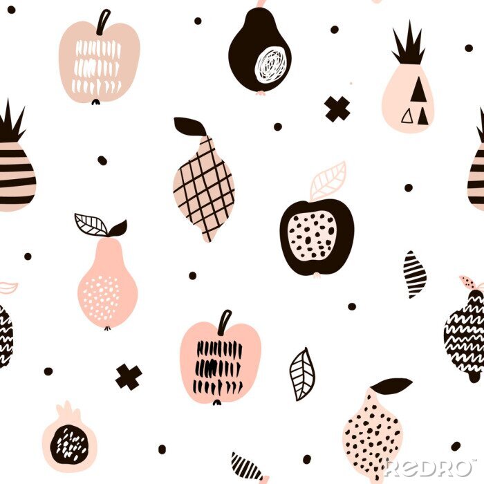 Poster Grafische schwarze und rosa Äpfel, Ananas und Birnen