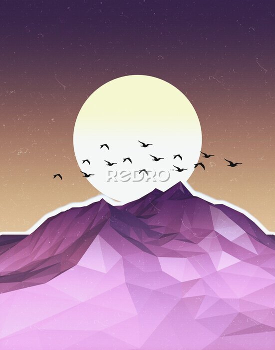 Poster Grafischer Berg und Sonnenuntergang