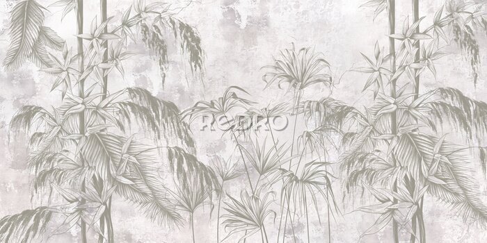 Poster Graphic exotic flowers on the concrete grunge wall. Designed for photo wallpaper, wallpaper, mural design in the loft, classic, modern style. Tropical brunches. 