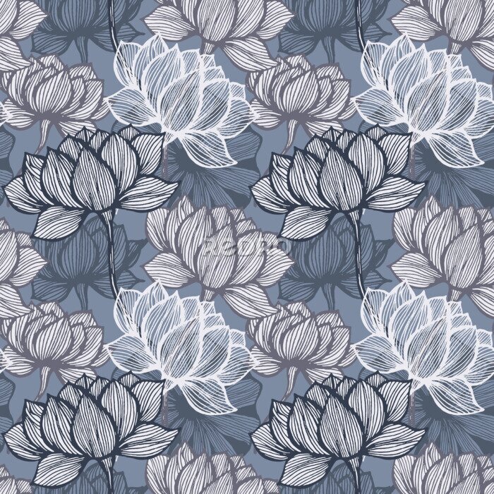 Poster Grau-blaues Muster mit Blumen