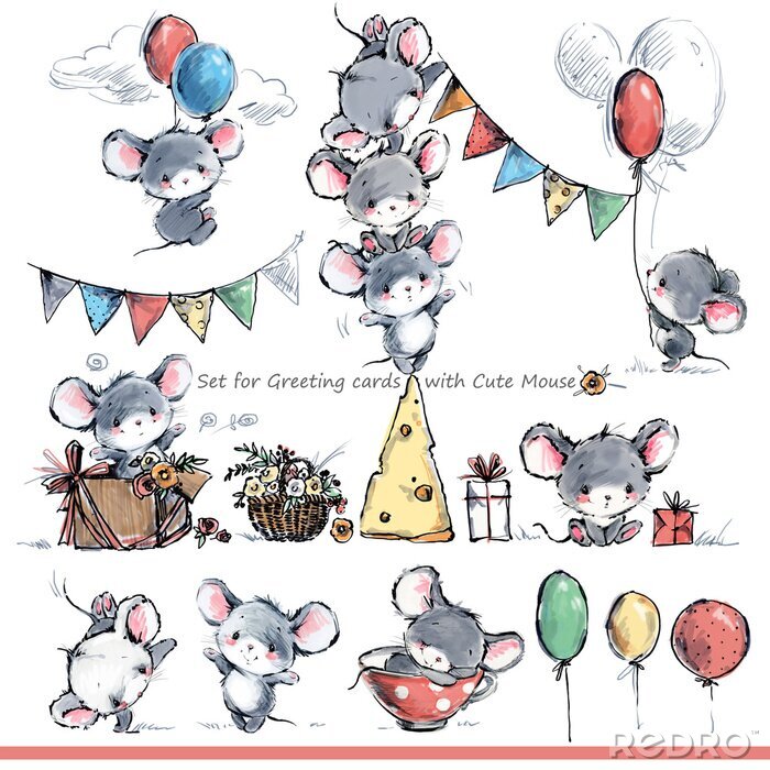 Poster Graue Mäuse in verschiedenen Posen