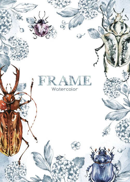 Poster Graue Pflanzen und bunte Mistkäfer bilden einen Rahmen