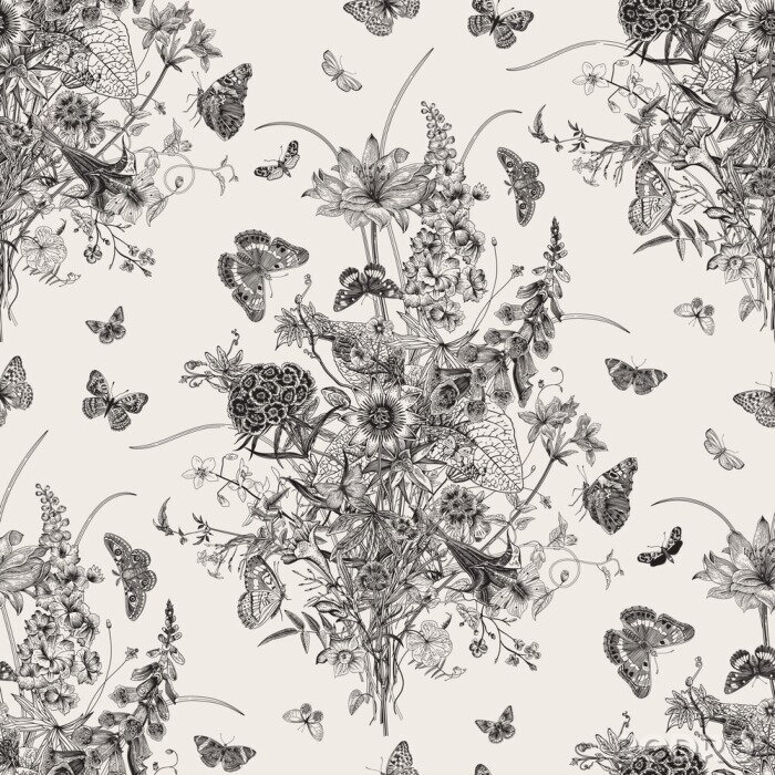 Poster Graue Schmetterlinge und Büschel alter Wildblumen
