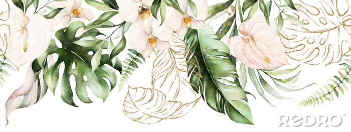 Poster Green tropical leaves and blush flowers on white background. Watercolor hand painted seamless border. Floral tropic illustration. Jungle foliage pattern.