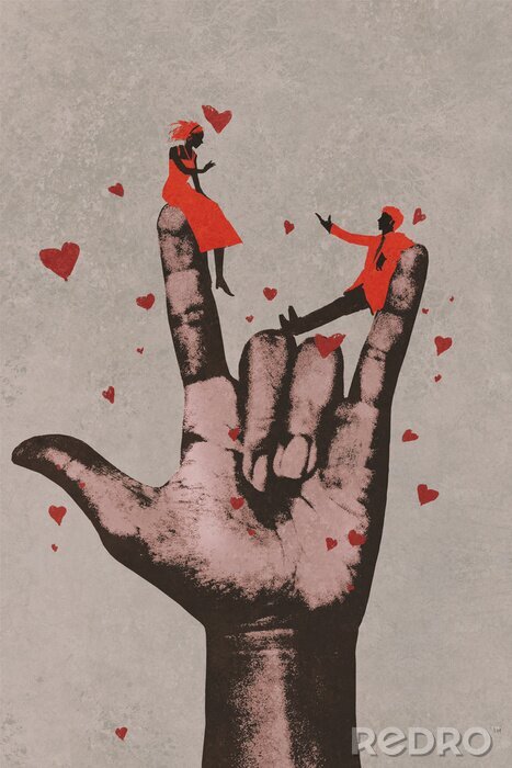Poster Große Hand in ICH LIEBE DICH Schild mit romantischen Paaren in der Liebe, Illustrationmalerei