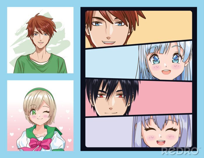 Poster group of faces young people anime style characters