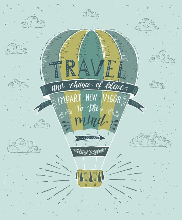 Poster Grün-gelber Ballon mit Reiseslogan