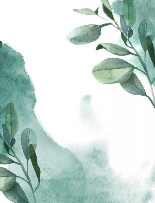 Poster Grüne Eukalyptusblätter und Aquarell-Hintergrund
