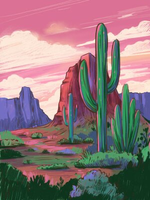 Poster Grüne Kakteen in der Wüste