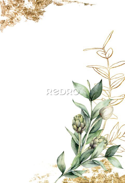 Poster Grüne und goldene Blätter auf weißem Hintergrund