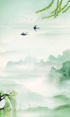 Poster Grünes Aquarell der chinesischen Landschaft