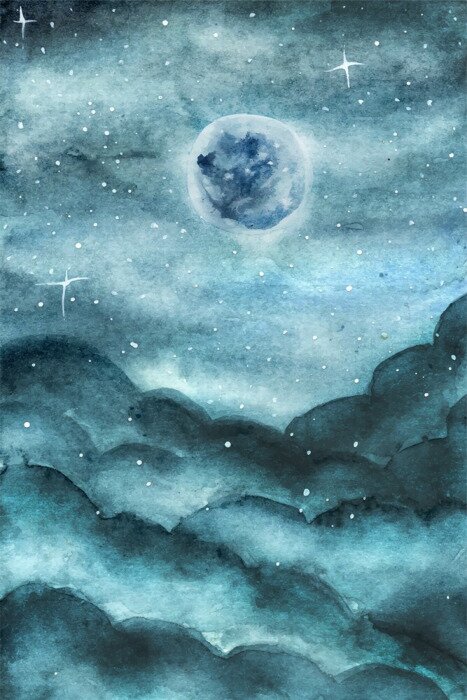 Poster Grünliche Aquarelllandschaft mit dem Mond