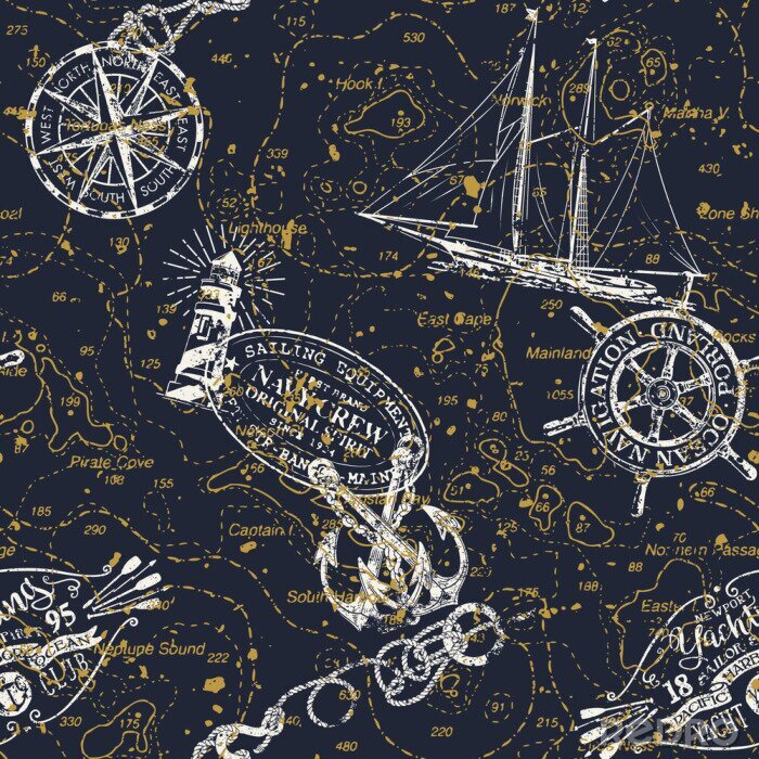 Poster Grunge vintage nautical chart  with marine badges and elements vector seamless pattern