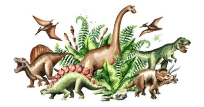 Gruppe von Dinosauriern mit Aquarell-Pflanzen
