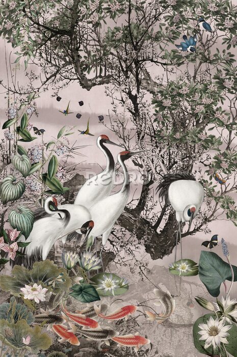 Poster Hain im Chinoiserie-Stil mit Vögeln