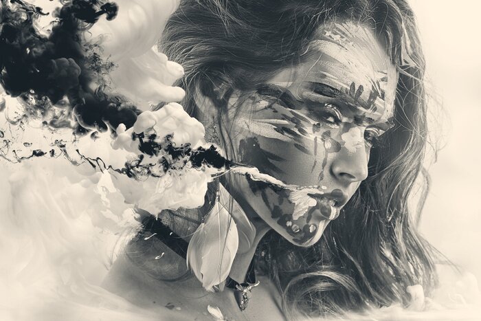 Poster Halloween Painted schöne Frau Gesicht, künstlerische Make-up, Körper und Gesicht Kunst, close up. Gesichtsausdruck, Emotionen. Blut-Halloween-Schönheitsart und weiseart in den roten, gelben, blauen Fa