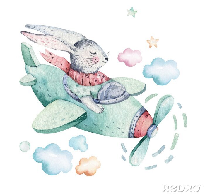 Poster Hand drawing fly cute easter pilot bunny watercolor cartoon bunnies with airplane in the sky. Turquoise watercolour animal rabbit flying art flight illustration