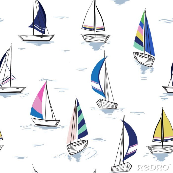 Poster Hand drawing  sketch Seamless summer sea pattern with sailing ships on white background.