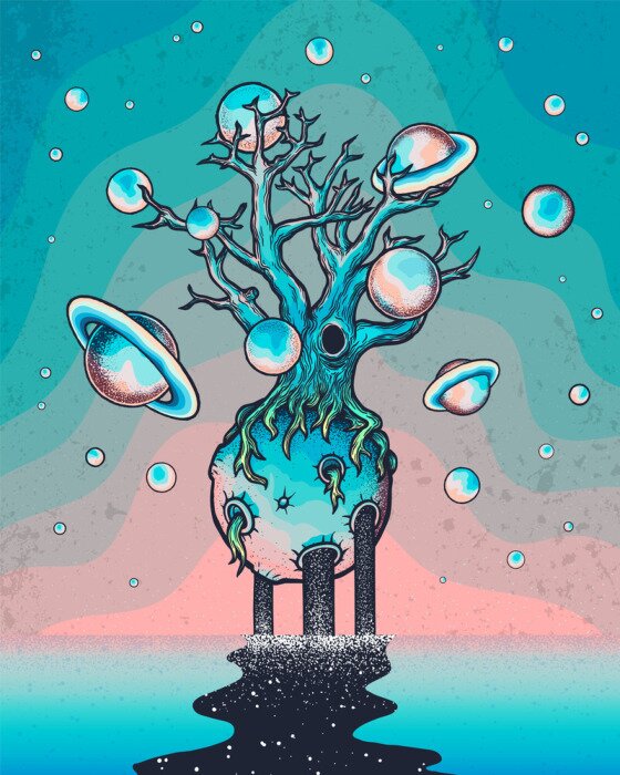 Poster Hand drawn abstract mystery tree on the moon in deep space.