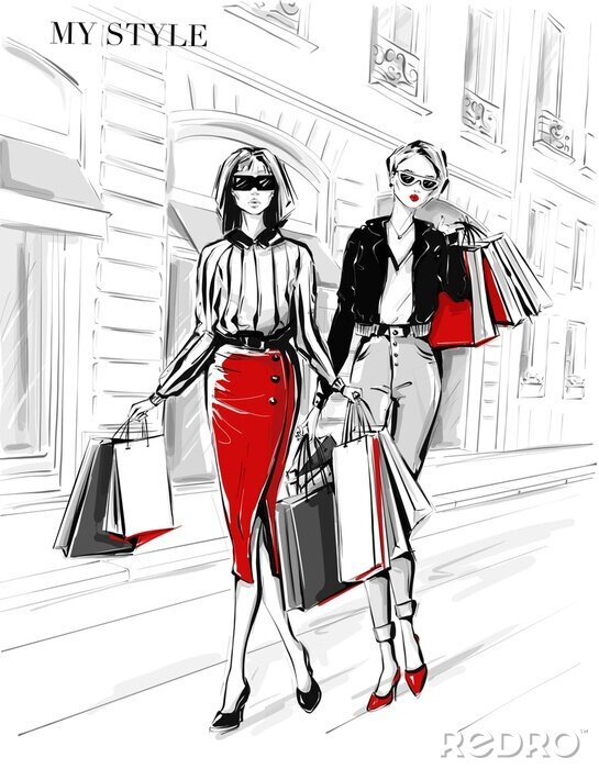 Poster Hand drawn beautiful two young women with shopping bags. Fashion woman in red skirt. Women on street background. Black and white sketch. Fashion illustration.