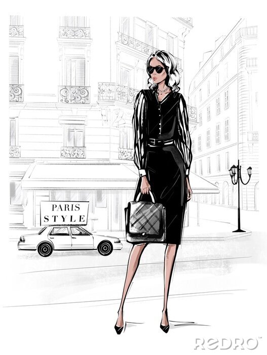 Poster Hand drawn beautiful young woman in black dress. Fashion woman with bag. Girl in black shoes with Paris street background. Sketch. Fashion illustration.
