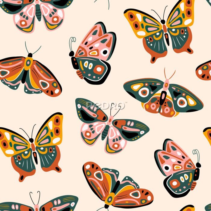 Poster Hand drawn various beautiful Butterflies. Colorful Vector seamless pattern. Top view. Side view. Pastel colors. Trendy illustration. Background texture. Wallpaper