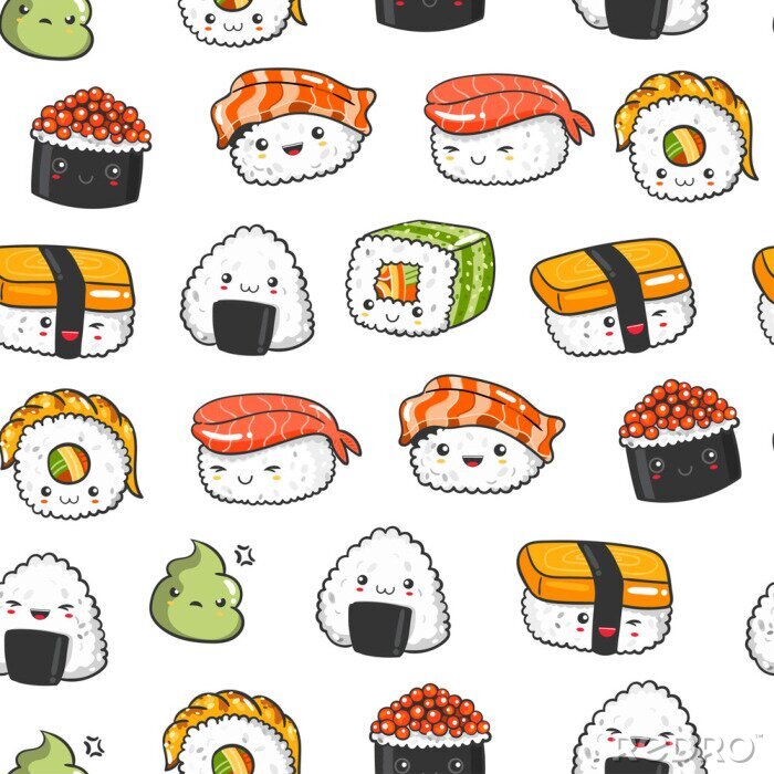 Poster Hand drawn various kawaii sushi. Colored vector seamless pattern