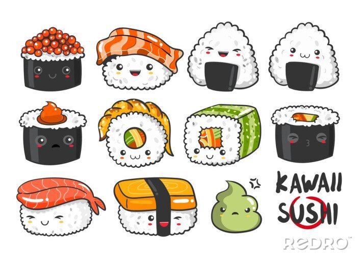 Poster Hand drawn various kawaii sushi. Colored vector set. All elements are isolated