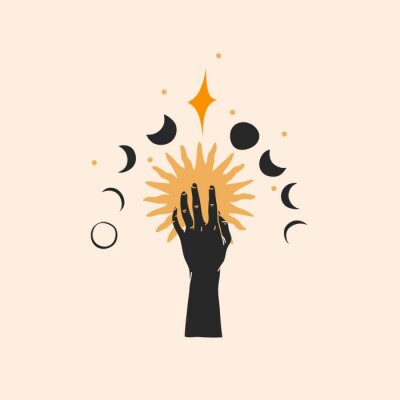 Hand drawn vector abstract stock flat graphic illustration with logo element,magic line art of gold sun,human hand silhouette and moon phases in simple style for branding,isolated on color background