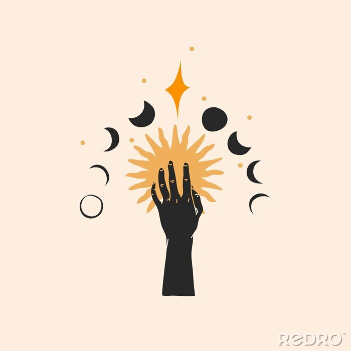 Poster Hand drawn vector abstract stock flat graphic illustration with logo element,magic line art of gold sun,human hand silhouette and moon phases in simple style for branding,isolated on color background
