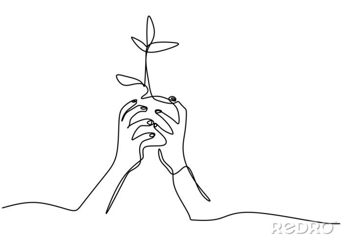 Poster Hand holding plant's pot. Continuous one line drawing of back to nature theme. Growing plant in hand palm. Concept of growing and love earth hand drawn vector design illustration.