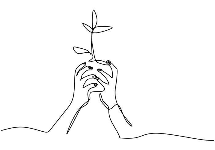 Poster Hand holding plant's pot. Continuous one line drawing of back to nature theme. Growing plant in hand palm. Concept of growing and love earth hand drawn vector design illustration.
