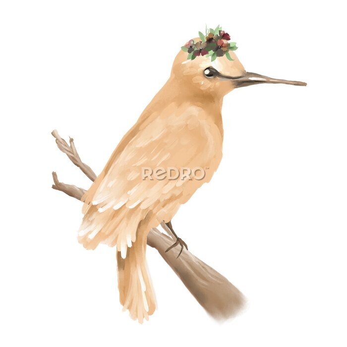 Poster Handgemalt, Öl texturierter schöner Vogel auf Zweig mit dem Blumenkranz, getrennt auf Weiß