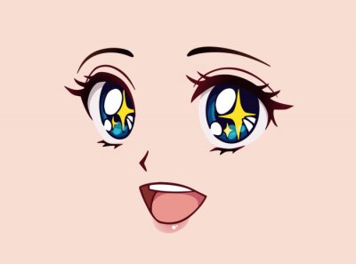 Happy anime face. Manga style big blue eyes, little nose and big kawaii mouth. Yellow sparkles in her eyes.