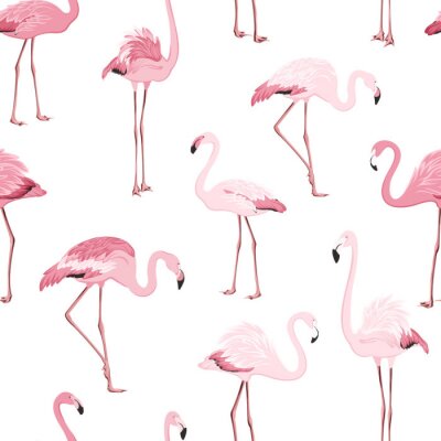 Hellrosa Flamingos auf einem Motiv mit blauem Hintergrund