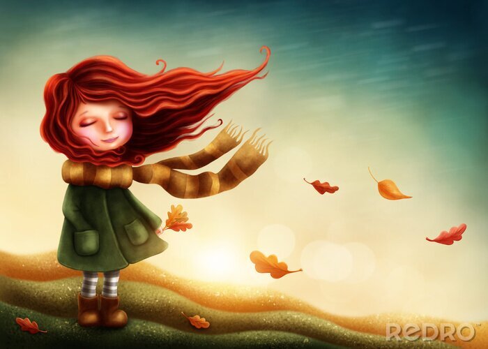 Poster Herbstmädchen mit rot fließendem Haar