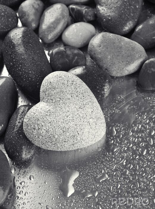 Poster Herzförmiger Stein auf dem Hintergrund von schwarzen Steinen ausgesetzt