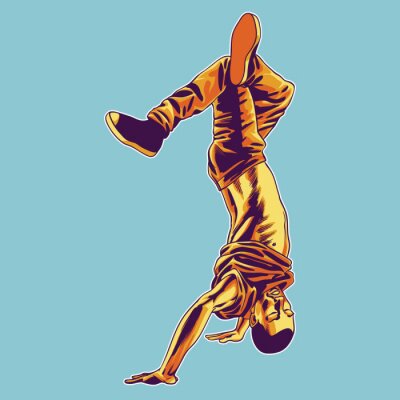Poster Hip hop dancing boy standing on his handsVector illustration on a blue background.