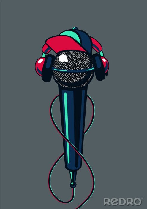 Poster Hip hop microphone with cap on isolated background. Rap music poster mc battle.
