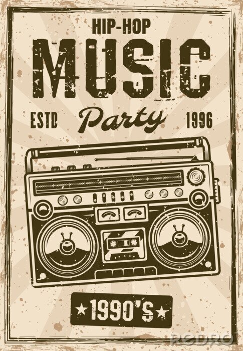 Poster Hip-hop music party vintage poster with boombox