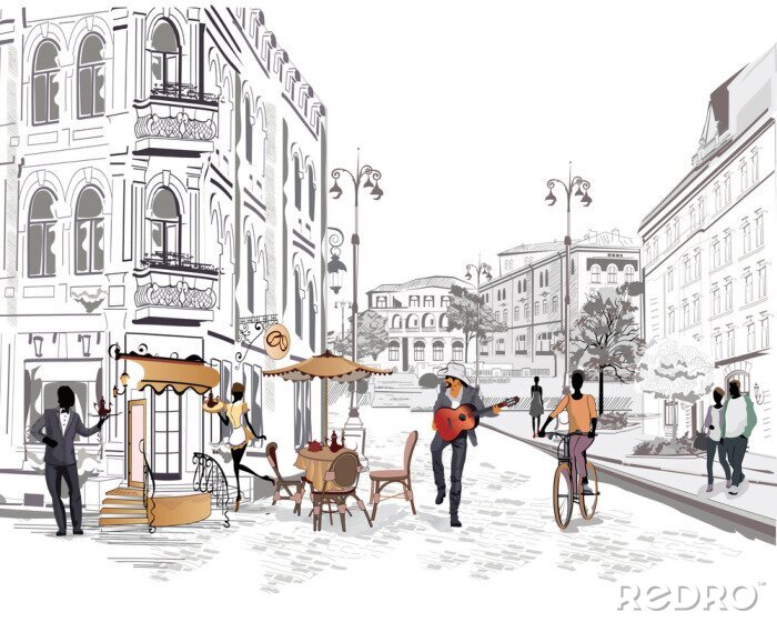 Poster Historische Straße mit Café und Gitarrist